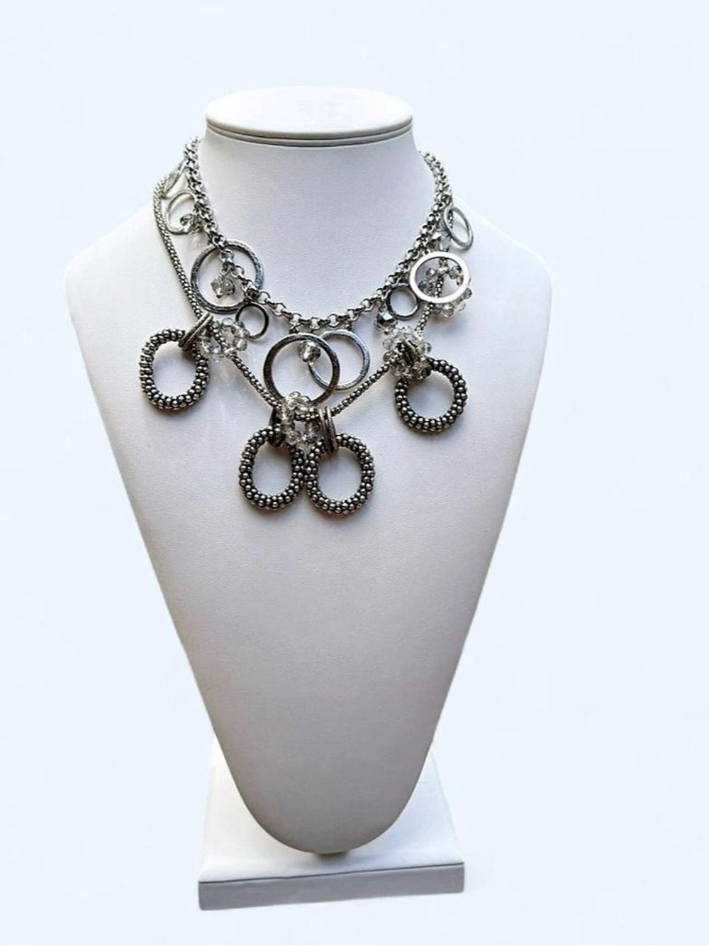 LOFT Chunky Statement Necklace Silver Tone Crystals Layered Vintage